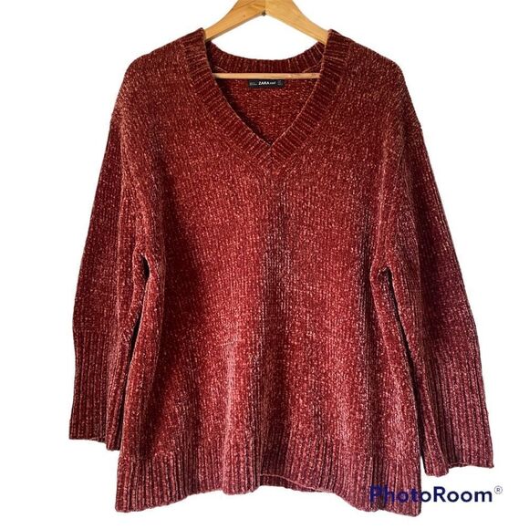 Zara Chenille Chunky Knit Oversized V-neck Cozy Pullover Sweater Rust Spiced Red - Picture 3 of 13